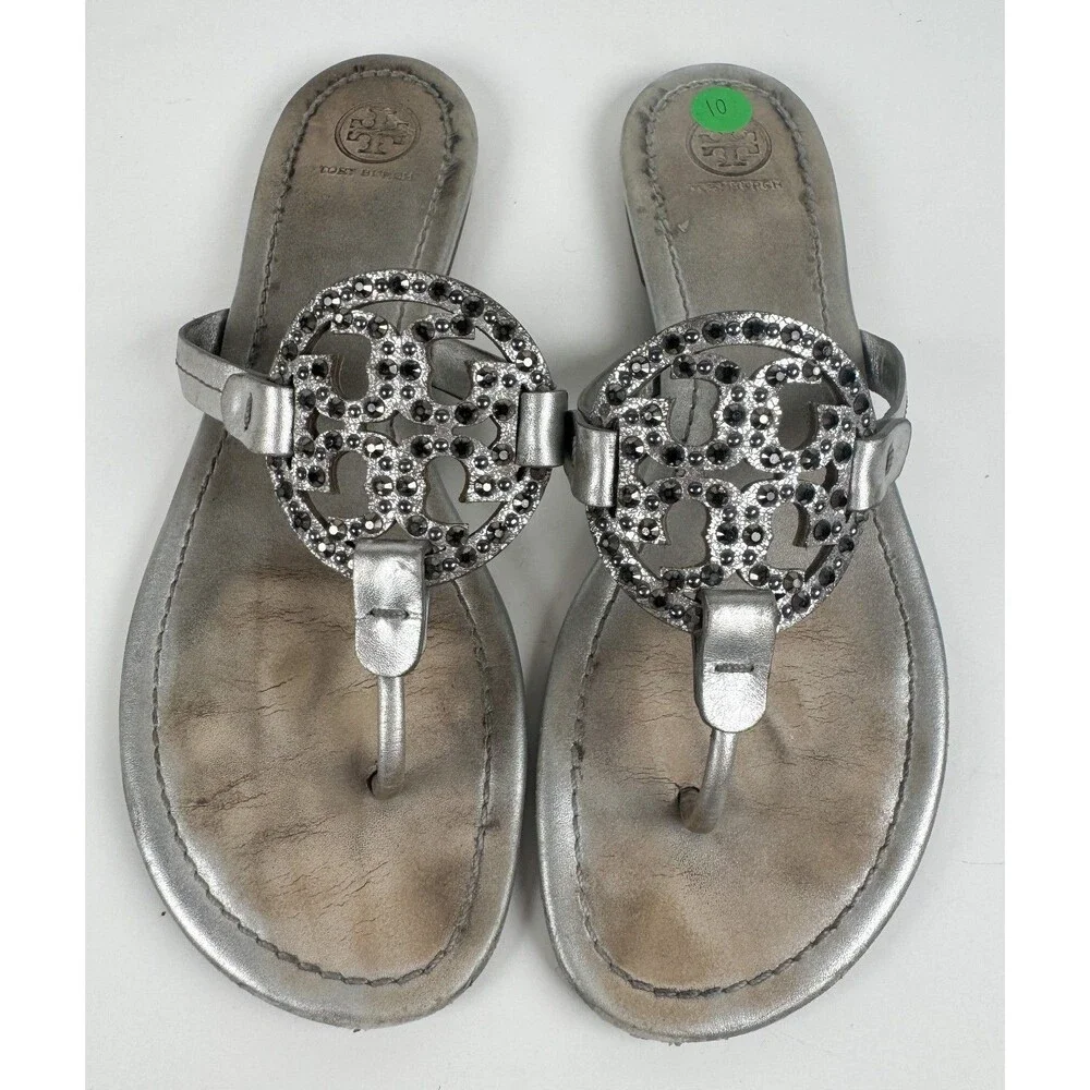 Tory Burch Miller Embellished Silver Women's Sandals Size US 10